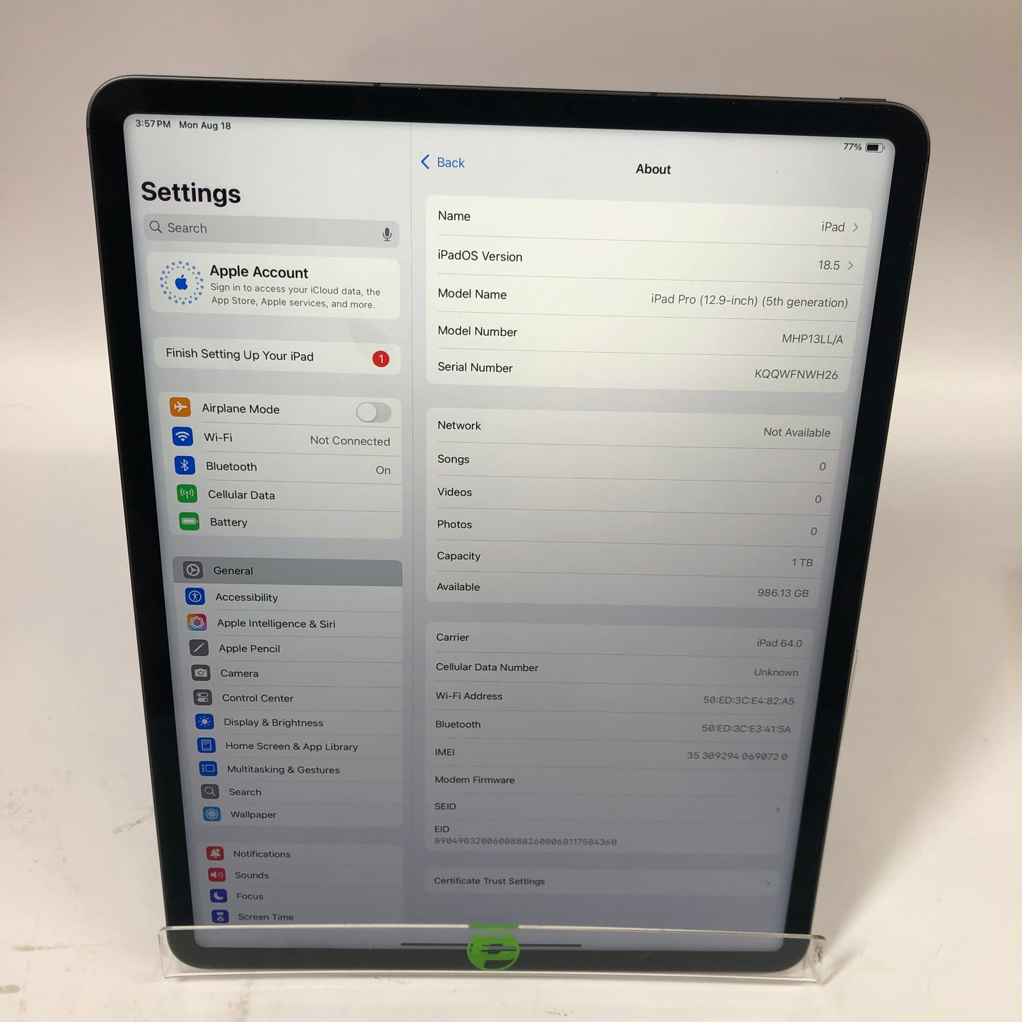 Unlocked Apple iPad Pro 12.9" 5th Gen 1TB 18.5 Space Gray MHP13LL/A