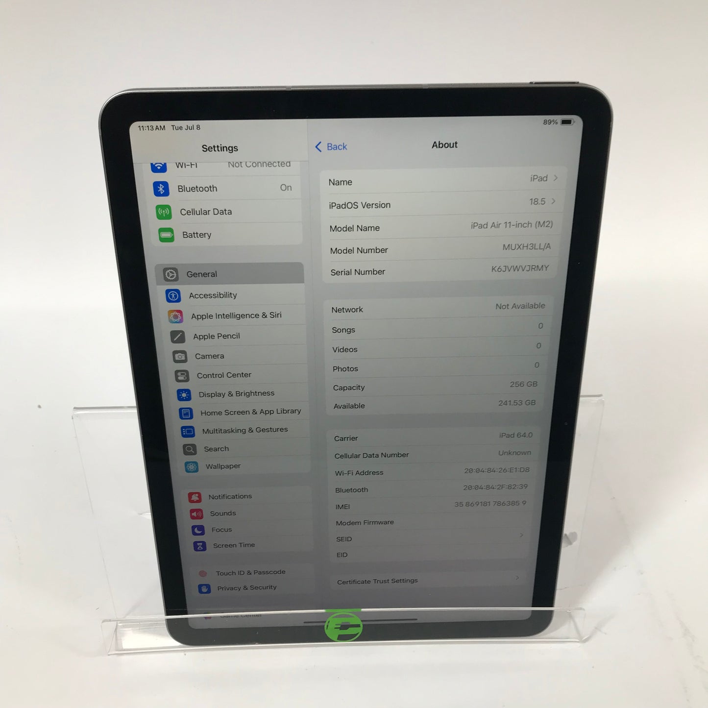 Unlocked Apple iPad Air 11" M2 256GB Space Gray MUXH3LL/A