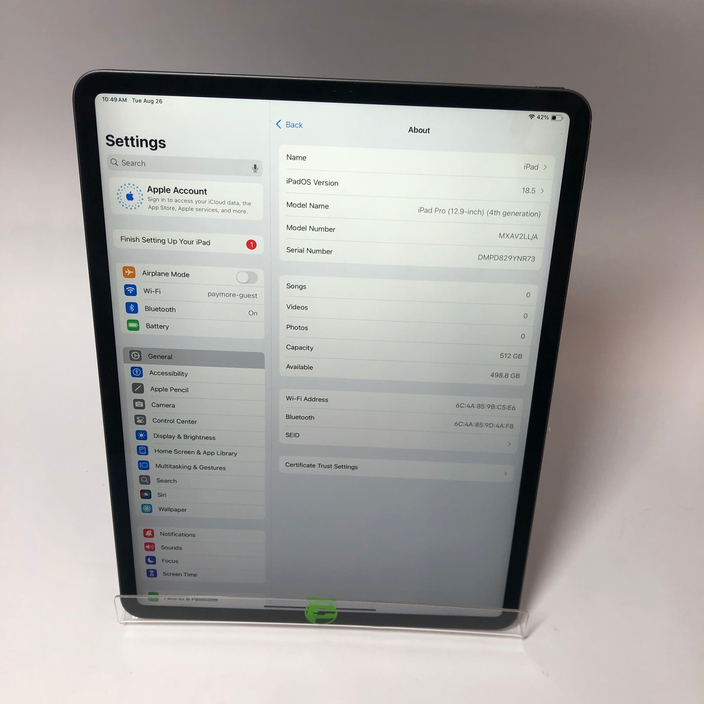 WiFi Only Apple iPad Pro 12.9" 4th Gen 512GB Space Gray MXAV2LL/A