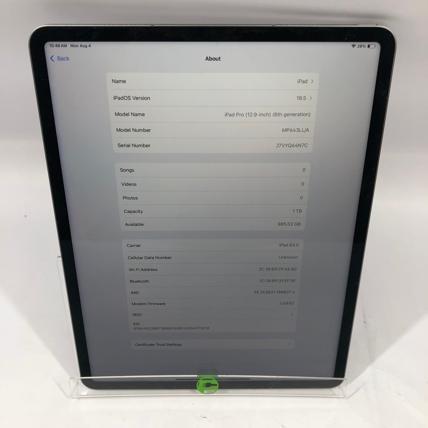 WiFi Only Apple iPad Pro 12.9" 6th Gen 1TB 18.5 Silver MP643LL/A