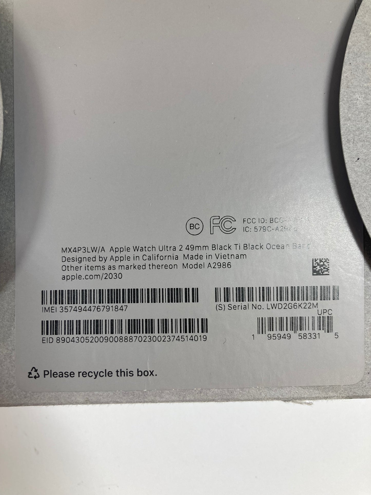 Unlocked Apple Watch Ultra 2 49MM Black Titanium Black Ocean Band MX4P3LW/A