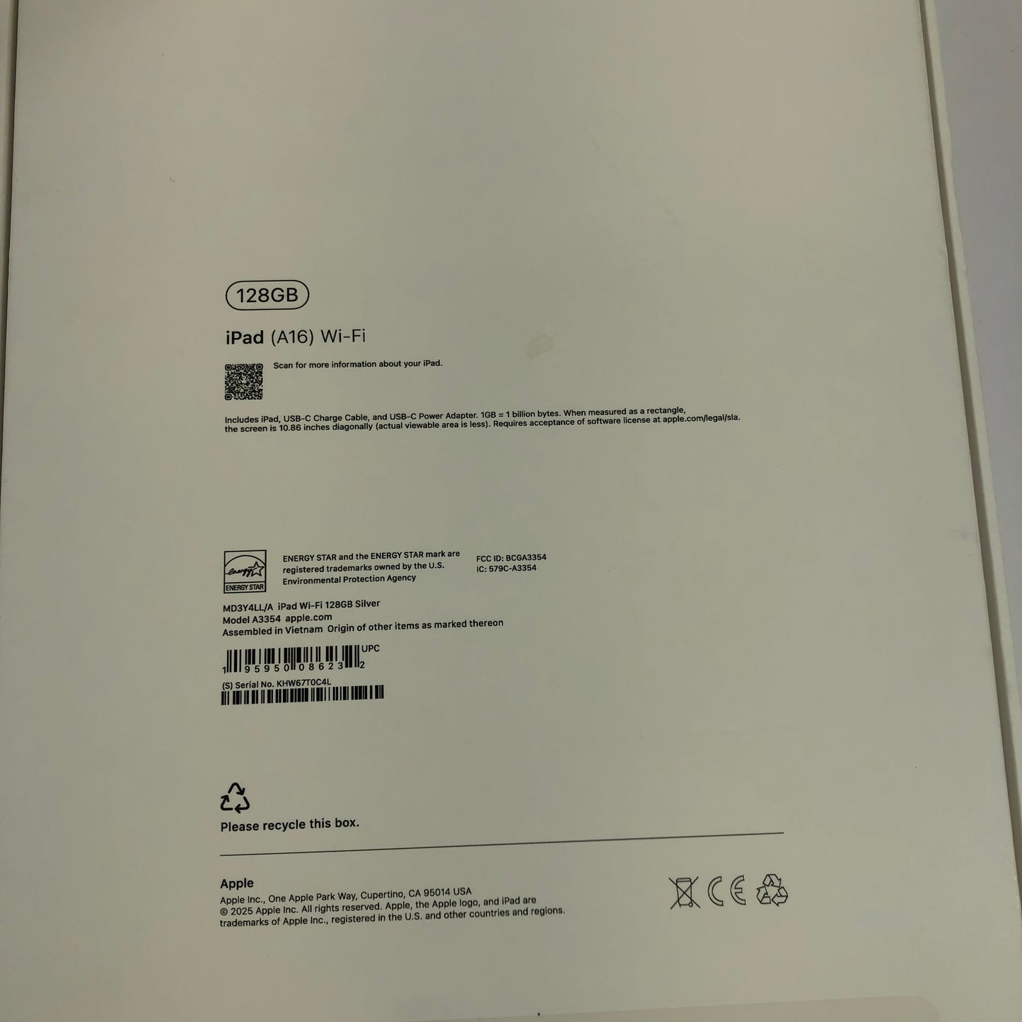 WiFi Only Apple iPad 11" (A16) 128GB 18.5 Silver MD3Y4LL/A