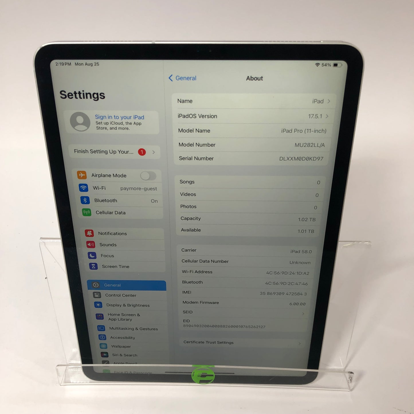 Unlocked Apple iPad Pro 11" 1st Gen 1TB Silver MU282LL/A