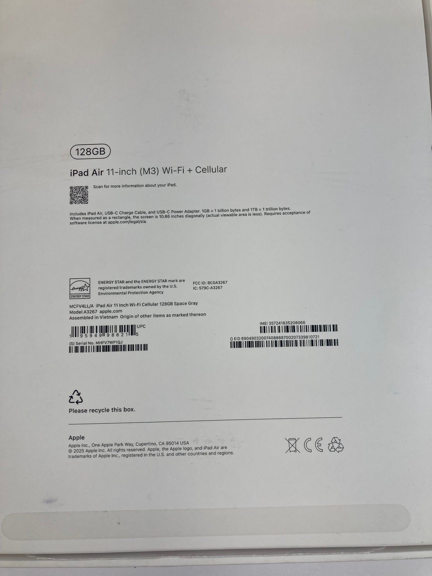 WiFi Only Apple iPad Air 13" M3 128GB Space Gray MCFV4LL/A