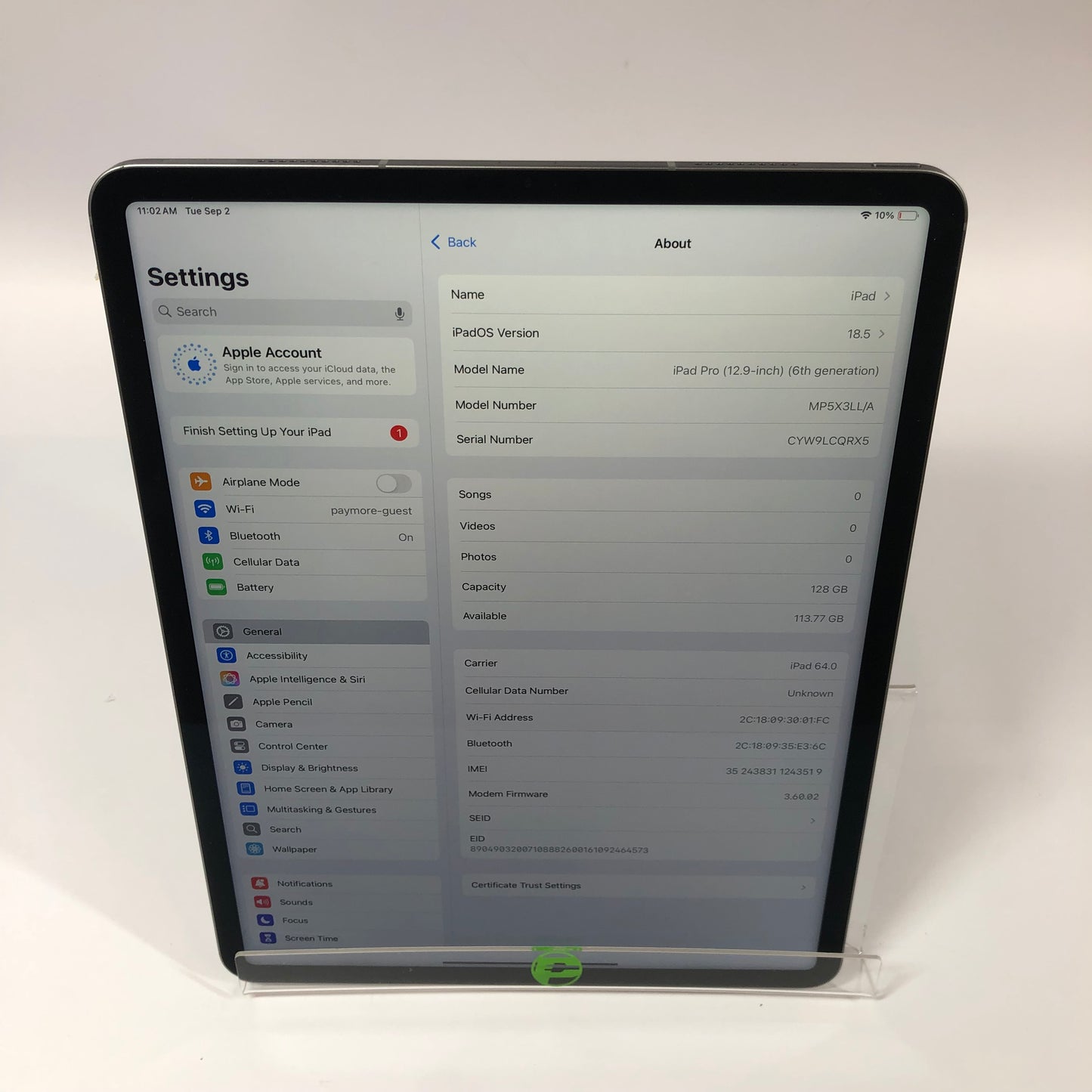 WiFi Only Apple iPad Pro 12.9" 6th Gen 128GB 18.5 Silver MP5X3LL/A