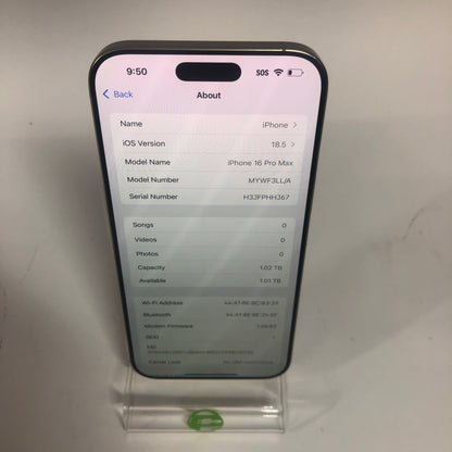 Unlocked Apple iPhone 16 Pro Max 1TB 18.5 Natural Titanium MYWF3LL/A