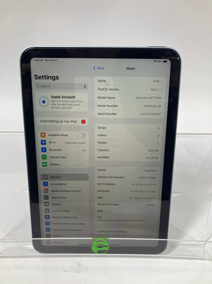 WiFi Only Apple iPad mini (A17 Pro) 256GB Blue MXPW3LL/A