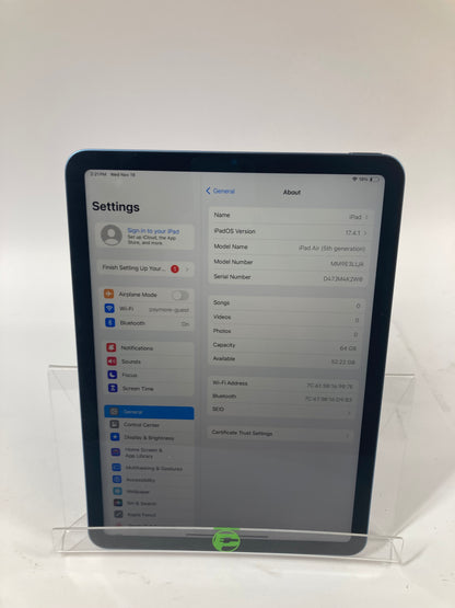 WiFi Only Apple iPad Air 5th Gen 64GB Blue MM9E3LL/A