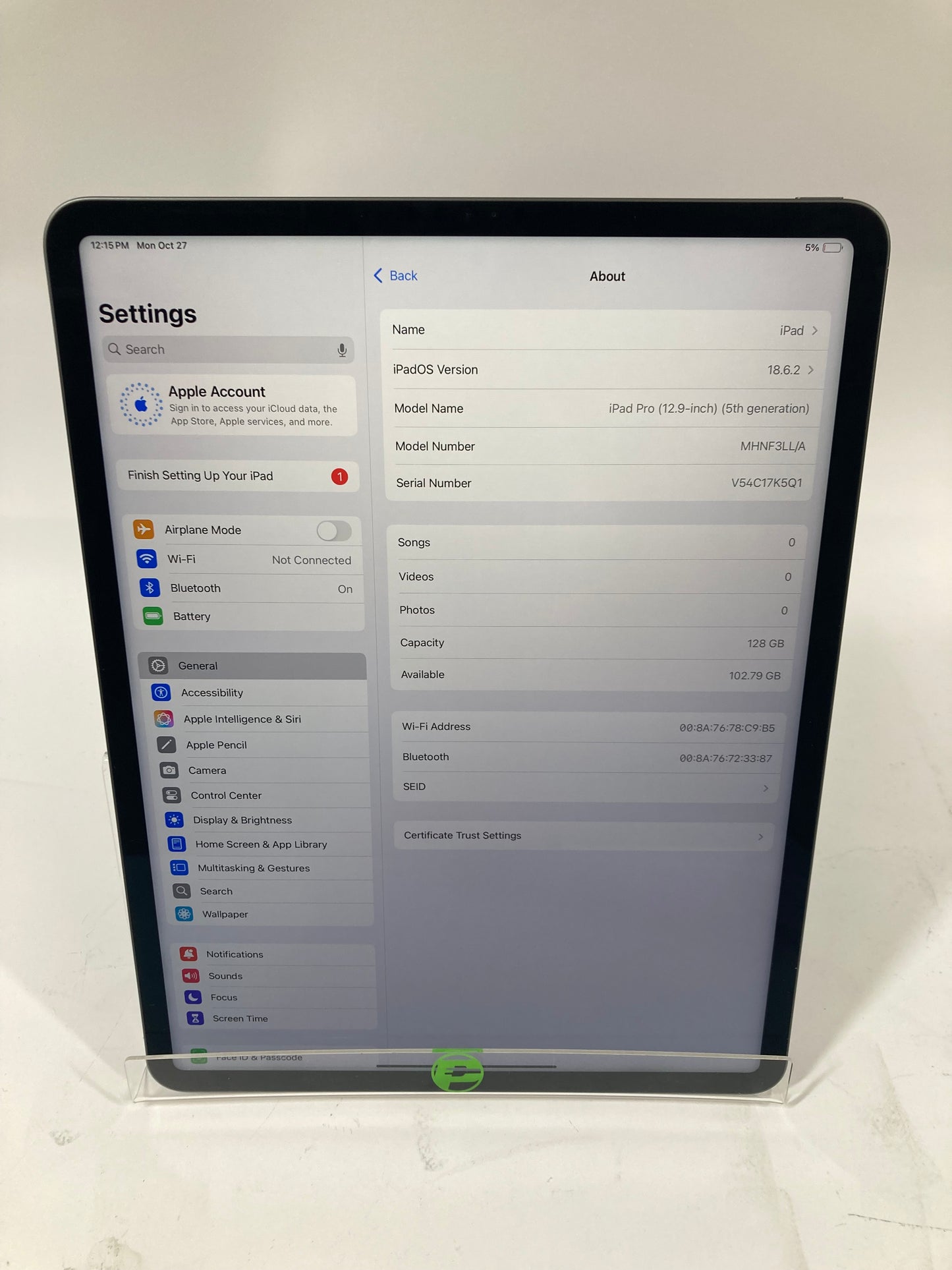 WiFi Only Apple iPad Pro 12.9" 5th Gen 128GB Space Gray MHNF3LL/A
