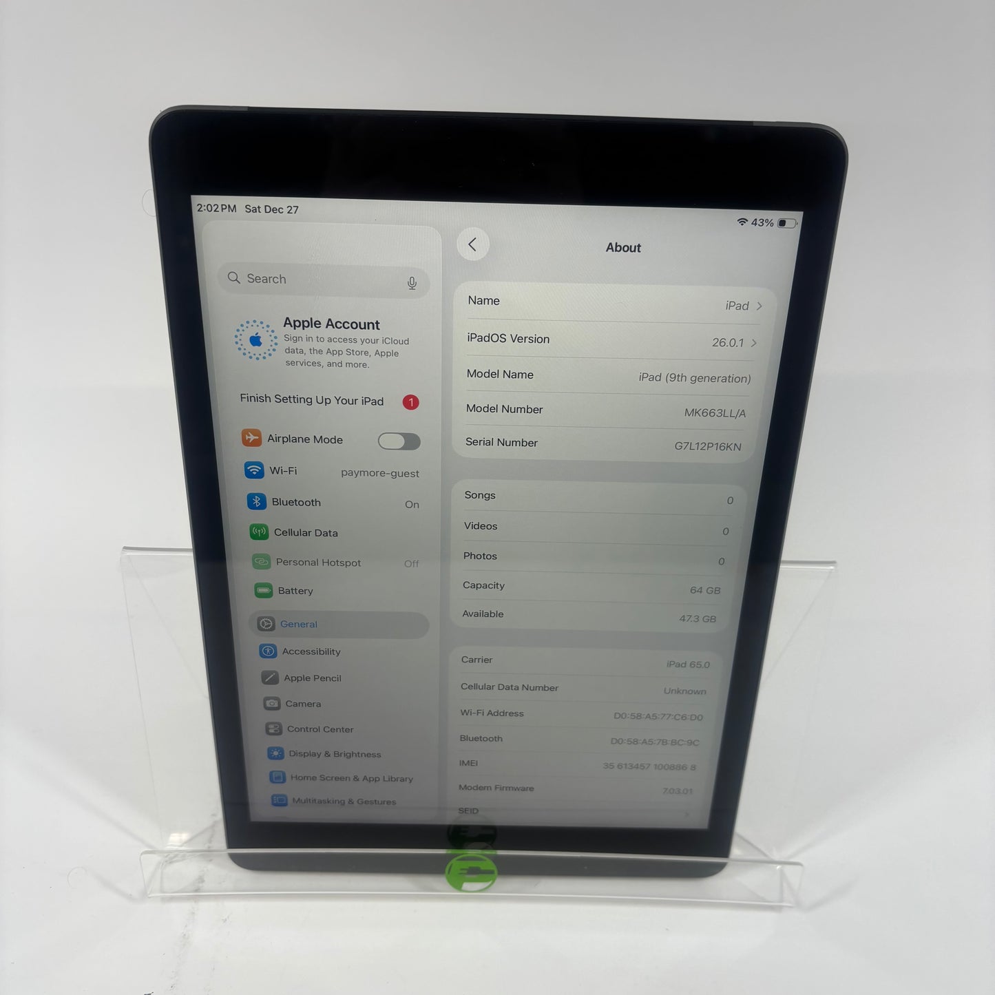 WiFi Only Apple iPad Pro 11" 2nd Gen 256GB Space Gray MK663LL/A