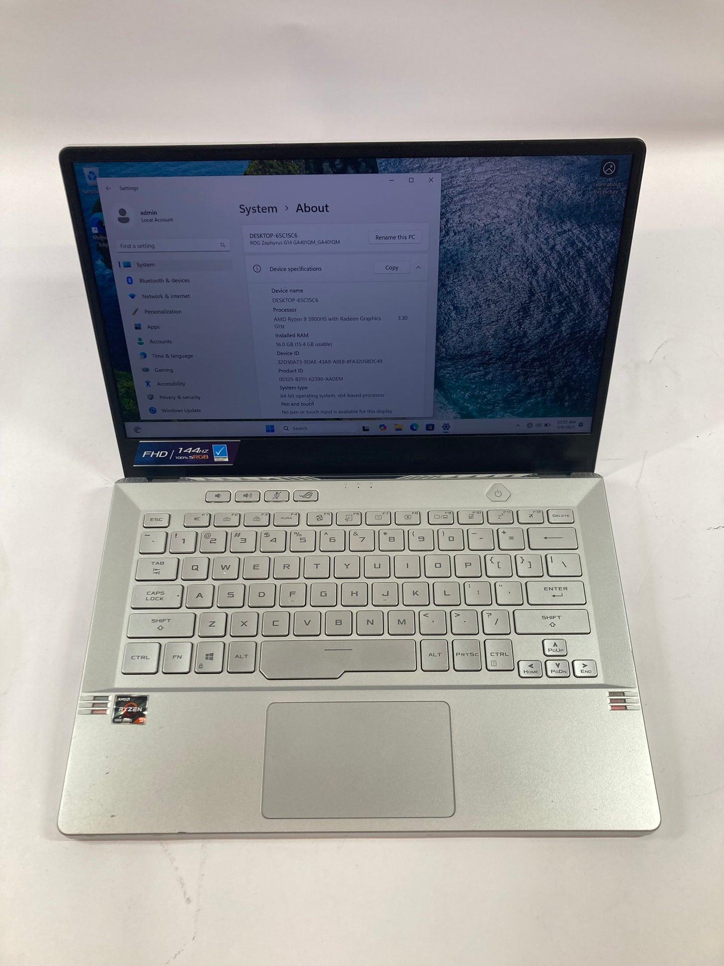 Asus ROG Zephyrus G14 GA4012QM Ryzen 9 5900HS 3.3GHz 16GB 1TB GeForce RTX 3060