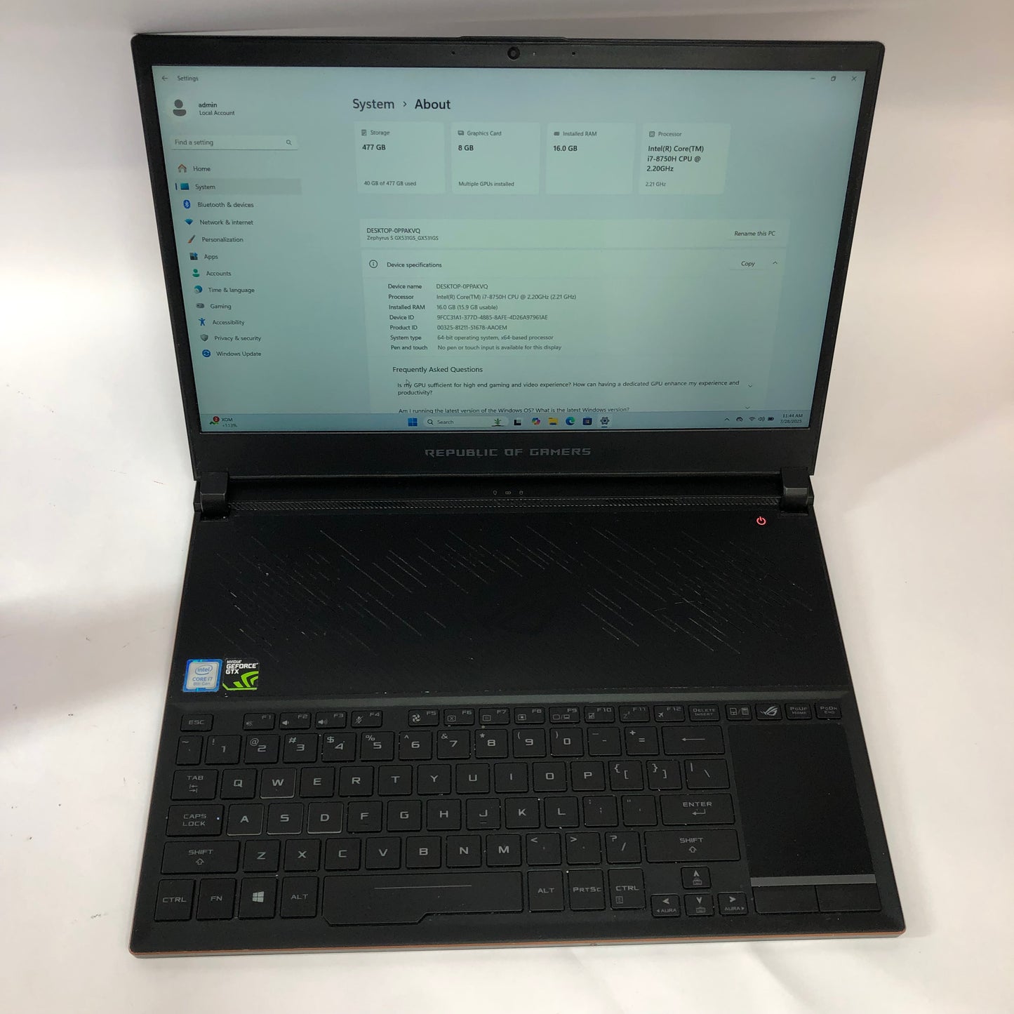 ASUS ROG Zephyrus S GX531G 15" i7-8750H 2.2GHz 16GB 512GB GeForce GTX 1070 Max-Q