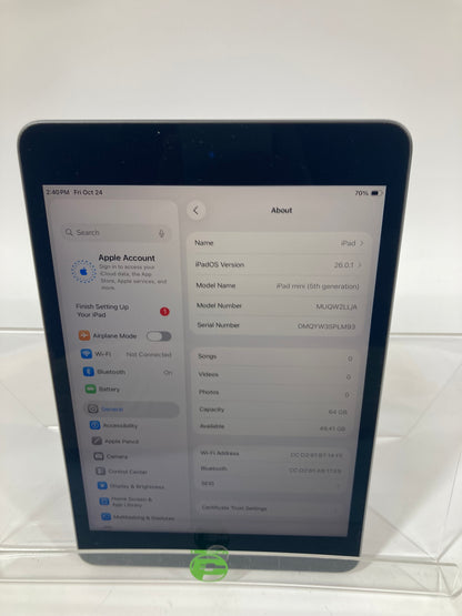 WiFi Only Apple iPad Mini 5th Gen 64GB Space Gray MUQW2LL/A