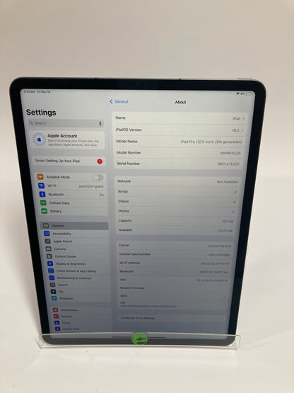 Unlocked Apple iPad Pro 12.9" 5th Gen 128GB Space Gray MHNR3LL/A