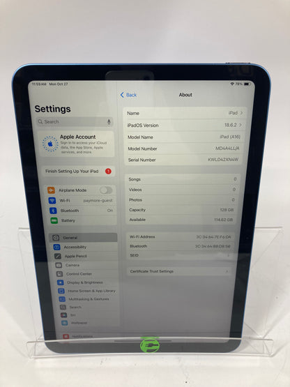 WiFi Only Apple iPad 11" (A16) 128GB Blue MD4A4LL/A