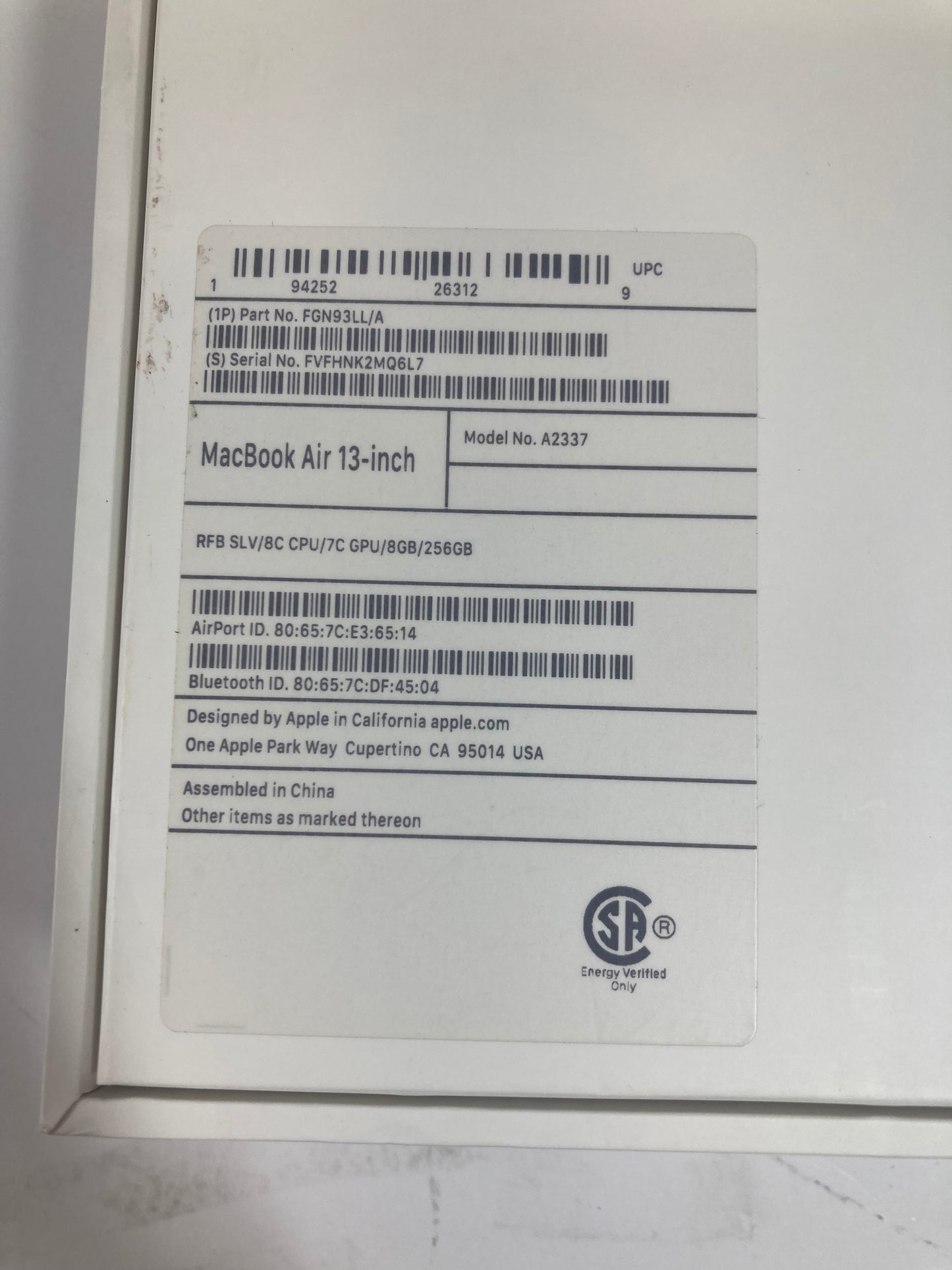 2020 Apple MacBook Air 13.3" M1 7C GPU 8GB 256GB Certified Apple Refurbished