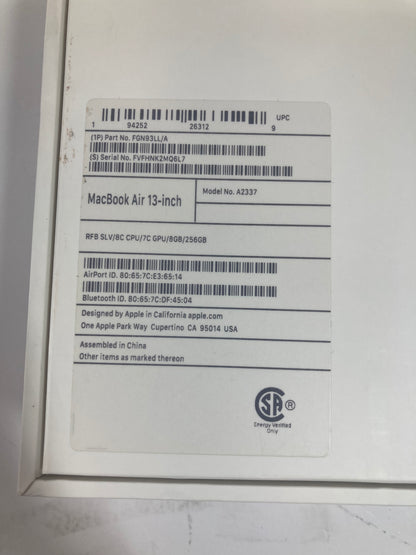 2020 Apple MacBook Air 13.3" M1 7C GPU 8GB 256GB Certified Apple Refurbished