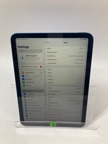 Unlocked Apple iPad 10th Gen 64GB Blue MQ6K3LL/A