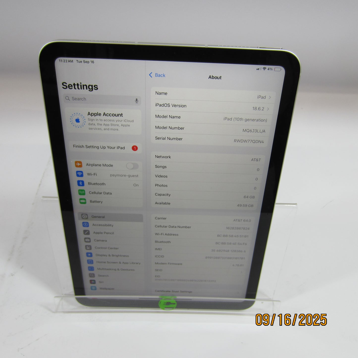 WiFi Only Apple iPad 10th Gen 64GB 18.6.2 Silver MQ6J3LL/A