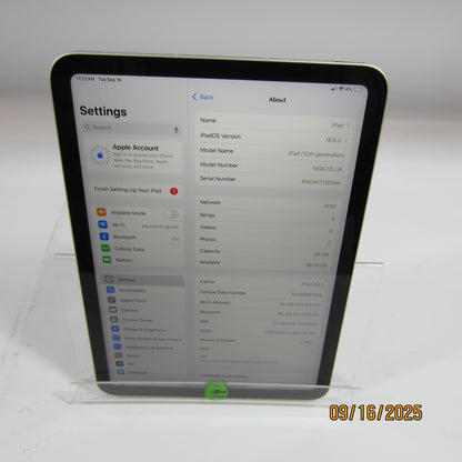 WiFi Only Apple iPad 10th Gen 64GB 18.6.2 Silver MQ6J3LL/A