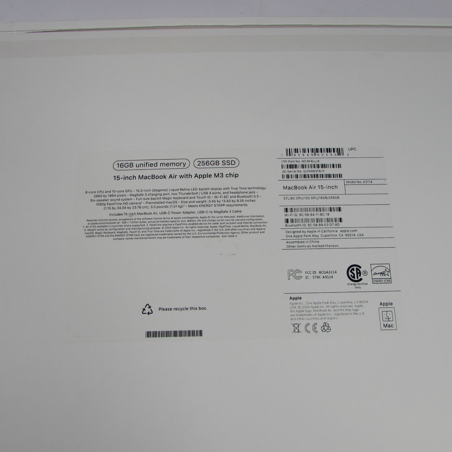 2024 Apple MacBook Air 15" M3 10C GPU 4.0GHz 16GB RAM 256GB SSD A3114